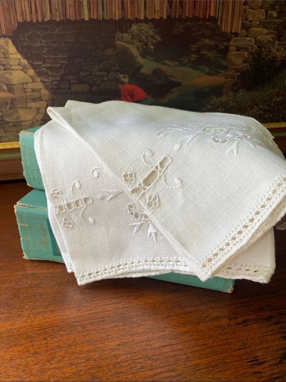 Vintage 2 Hand-Embroidered Cream Linen Napkins